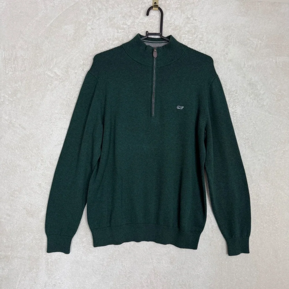 Vineyard Vines Mens Small Green Cotton Cashmere Quarter‎ Zip Sweater Preppy Cozy